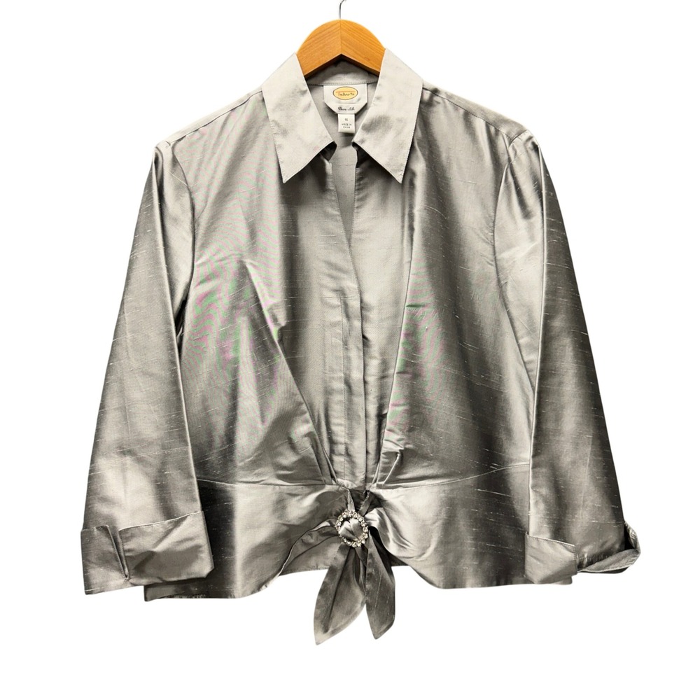 Vintage Talbots Blouse Womens 16 Pure Silk Tie Front Silver Evening Button Up